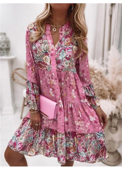 Floral Ruffle Smocked Print V Neck Casual Flare Mini Dress