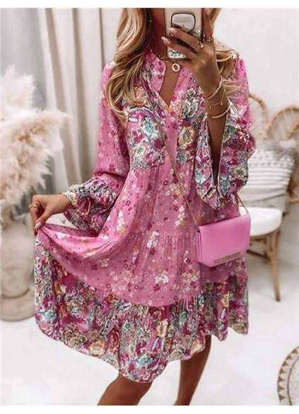 Floral Ruffle Smocked Print V Neck Casual Flare Mini Dress