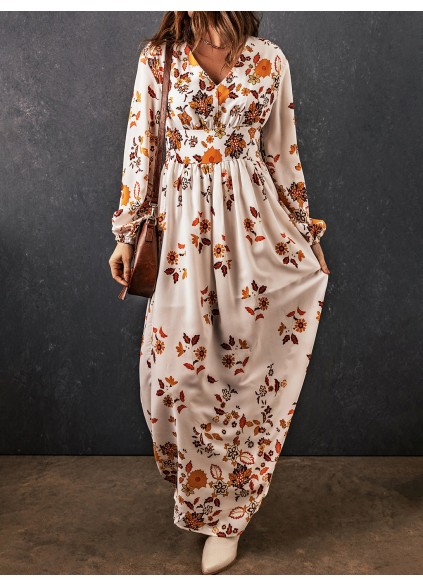 Floral V-Neck Long Sleeve Maxi Dress