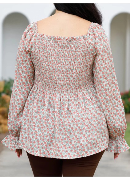 Flower pattern pleated square neck lantern sleeve shirt