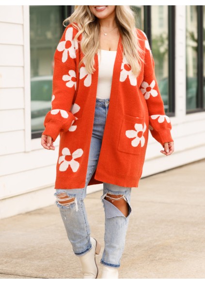 Flower patterned red sweater cardigan