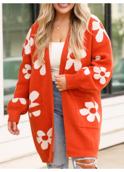 Flower patterned red sweater cardigan