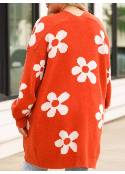 Flower patterned red sweater cardigan