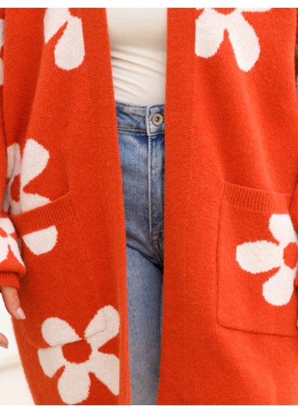 Flower patterned red sweater cardigan