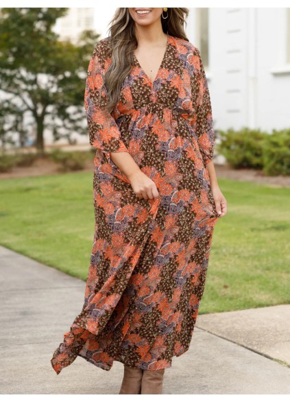 Fragmented floral pattern loose fitting long dress