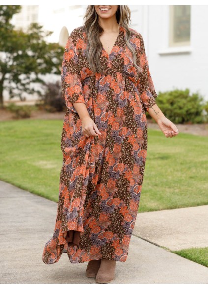 Fragmented floral pattern loose fitting long dress