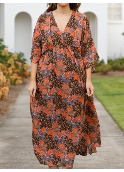 Fragmented floral pattern loose fitting long dress