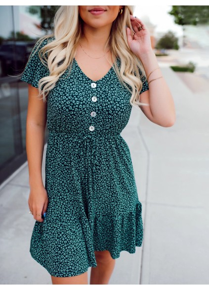 Green Flower Pattern Button Dress