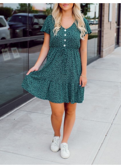 Green Flower Pattern Button Dress