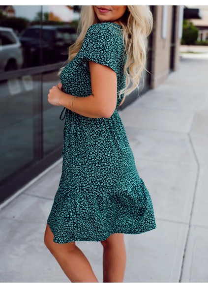 Green Flower Pattern Button Dress