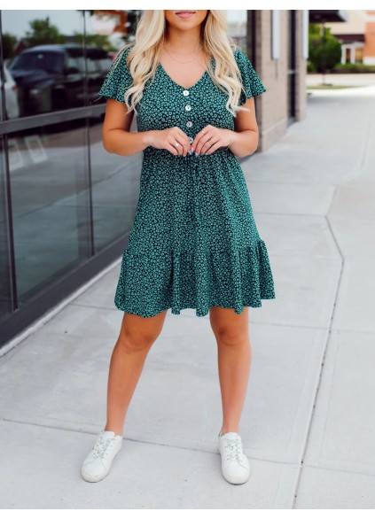 Green Flower Pattern Button Dress