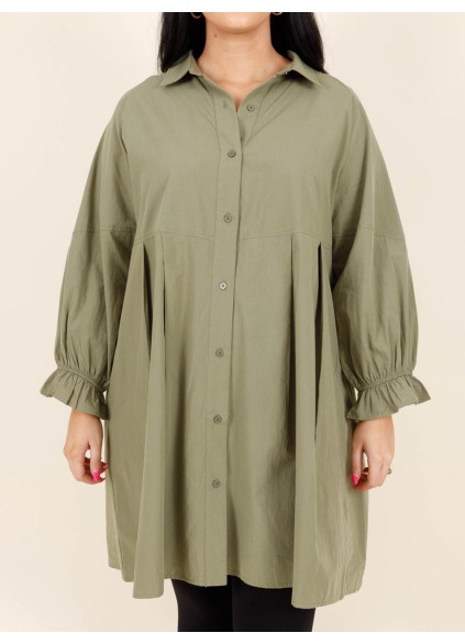 Green pleated button loose fitting shirt