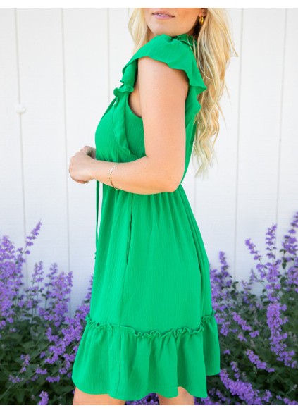 Green ruffled sleeve mini dress