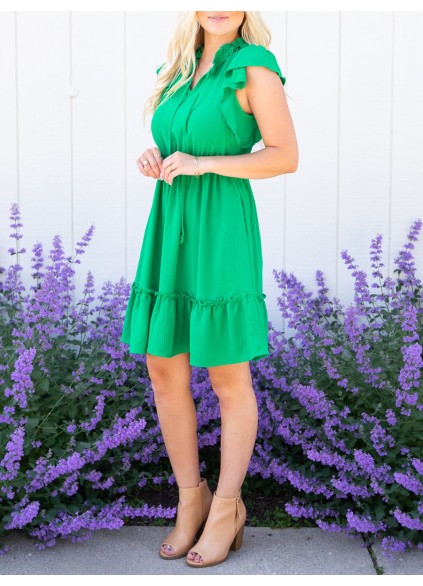 Green ruffled sleeve mini dress