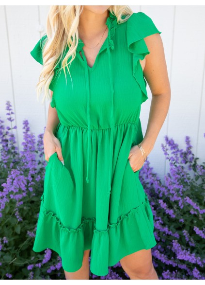 Green ruffled sleeve mini dress