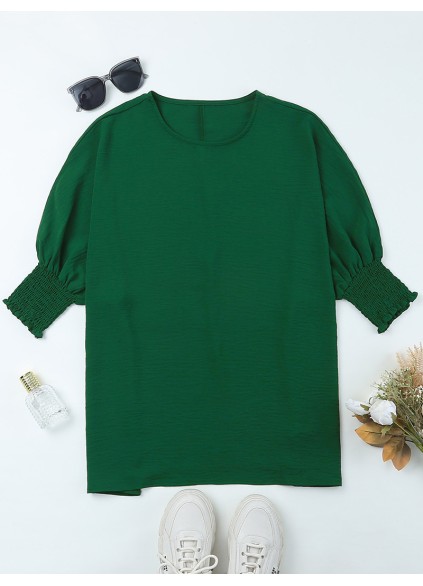 Green Smocked Wrist Shift Top