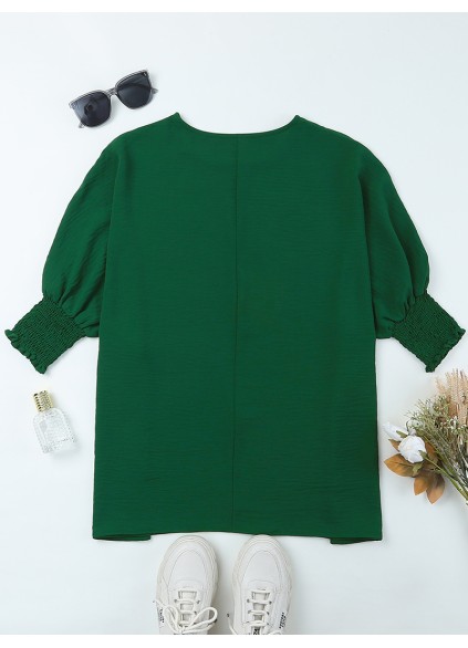 Green Smocked Wrist Shift Top