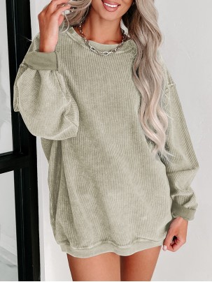 Green Solid Ribbed Knit Round Neck Pullover Sweatshirt