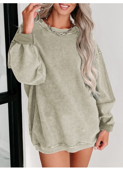 Green Solid Ribbed Knit Round Neck Pullover Sweatshirt