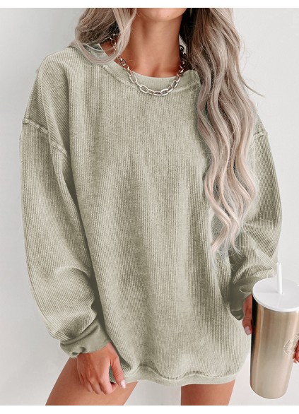 Green Solid Ribbed Knit Round Neck Pullover Sweatshirt