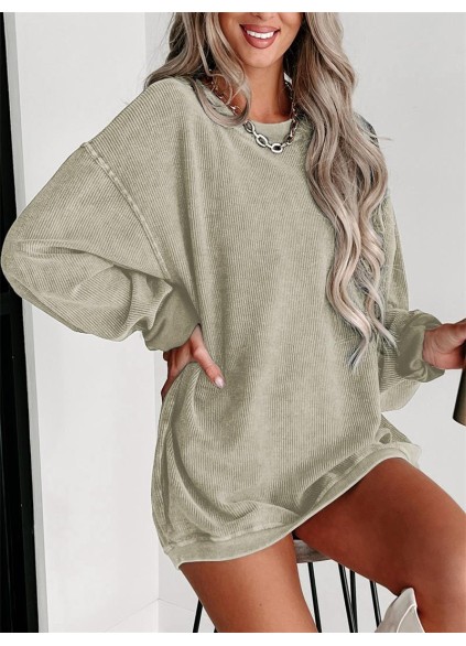 Green Solid Ribbed Knit Round Neck Pullover Sweatshirt