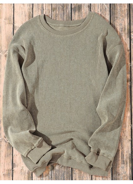 Green Solid Ribbed Knit Round Neck Pullover Sweatshirt