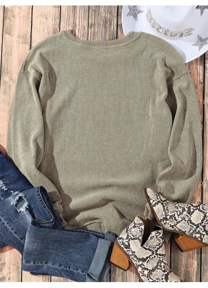 Green Solid Ribbed Knit Round Neck Pullover Sweatshirt