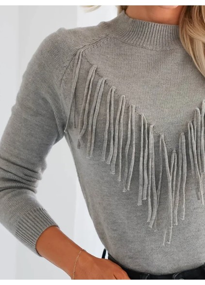 Grey fringed knitted sweater