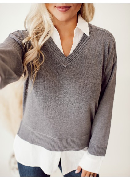 Grey patchwork white layered sweater