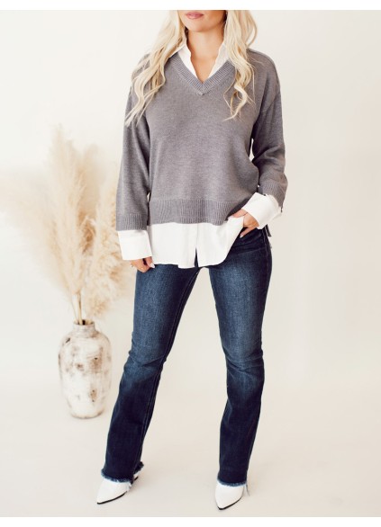 Grey patchwork white layered sweater