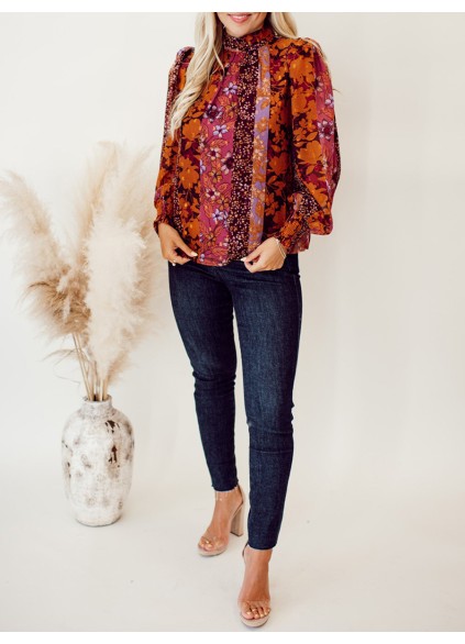 High neck autumn floral pattern shirt