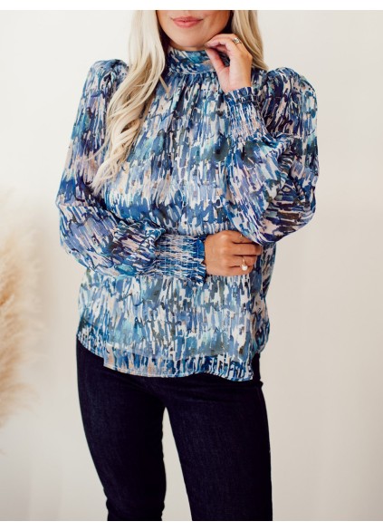 High neck blue abstract pattern shirt