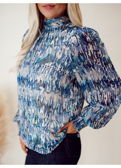 High neck blue abstract pattern shirt