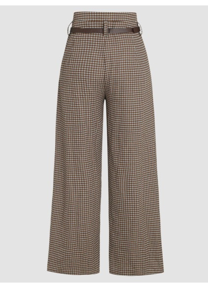 Houndstooth High Waist Belted Wide Leg Trousers