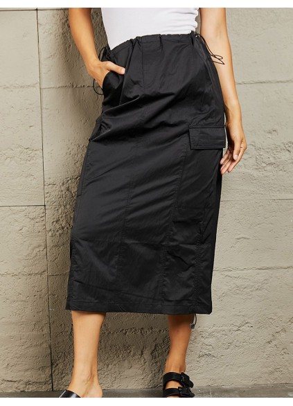 Women's High Waisted Cargo Midi Skirt in Black