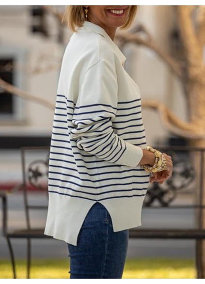 Ivory Navy Striped Split Sweater Top