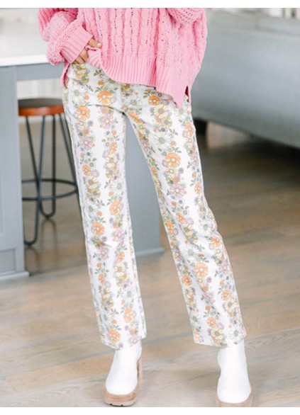 Ivory White Floral Pants