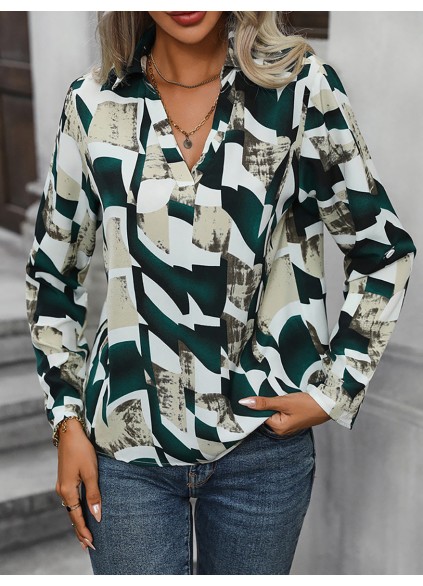 Collar Printed Long Sleeve Blouse