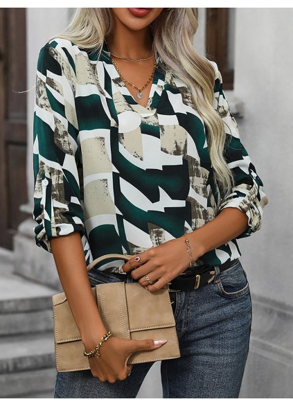 Collar Printed Long Sleeve Blouse