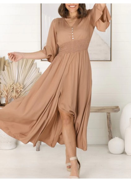 Khaki V-neck waist slimming lace-up dress