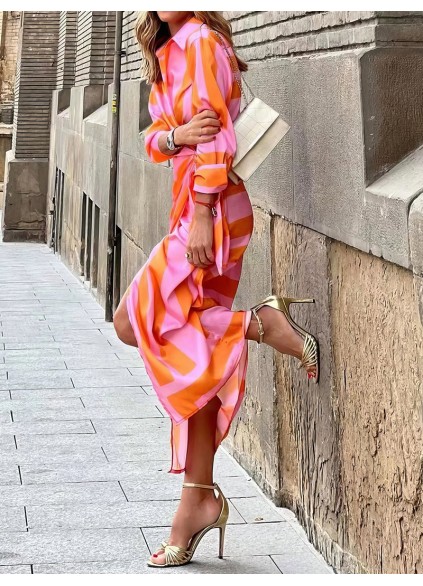 Women's Striped Print Belted Long Sleeve Dress