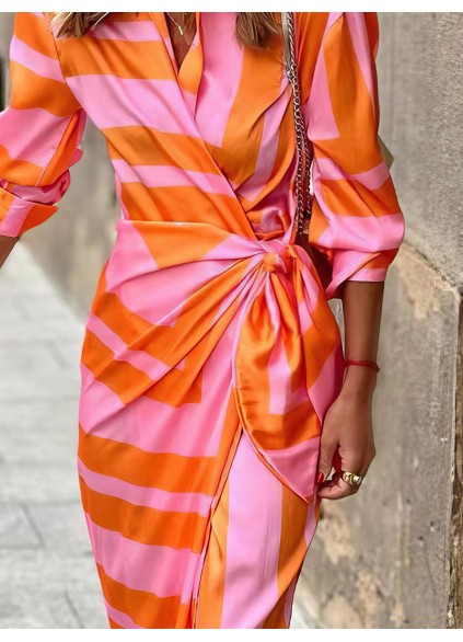 Women's Striped Print Belted Long Sleeve Dress