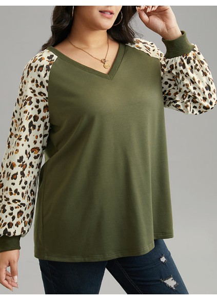 Leopard print patchwork T-shirt with shoulder sleeves