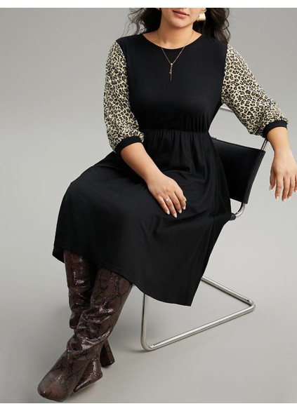 Leopard print spliced plus-size women's dress