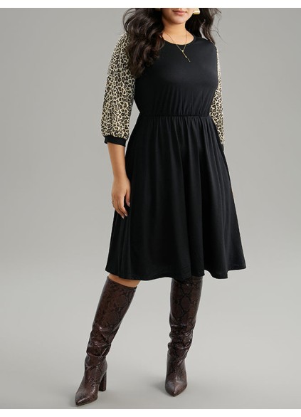 Leopard print spliced plus-size women's dress