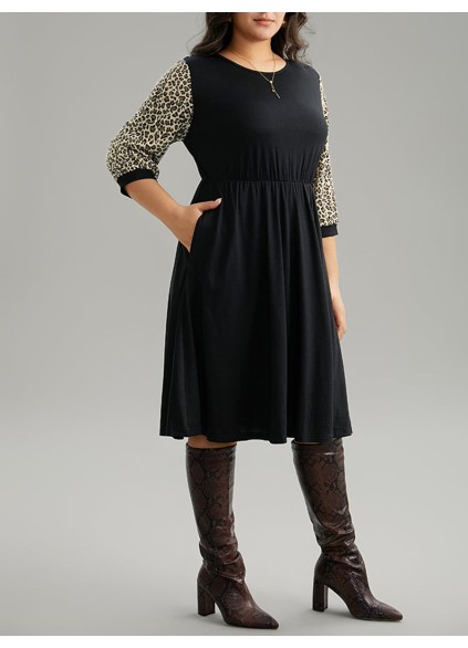 Leopard print spliced plus-size women's dress