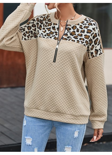 Leopard Splicing Drop Shoulder Zipped Sweatshirt