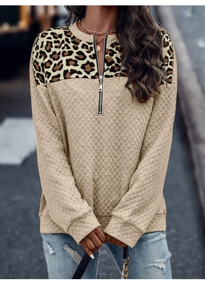 Leopard Splicing Drop Shoulder Zipped Sweatshirt