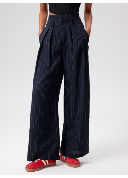 Mid Waist Striped Pleated Button Trousers