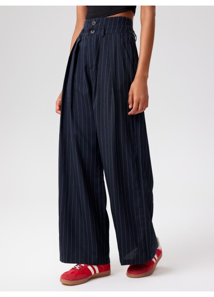 Mid Waist Striped Pleated Button Trousers